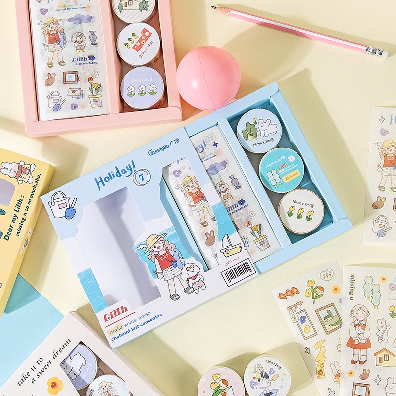 Bộ hộp 3 cuộn băng dính washi tape + 4 stickers GuangBo 4 chủ đề trang trí sổ Bullet Journal H97045