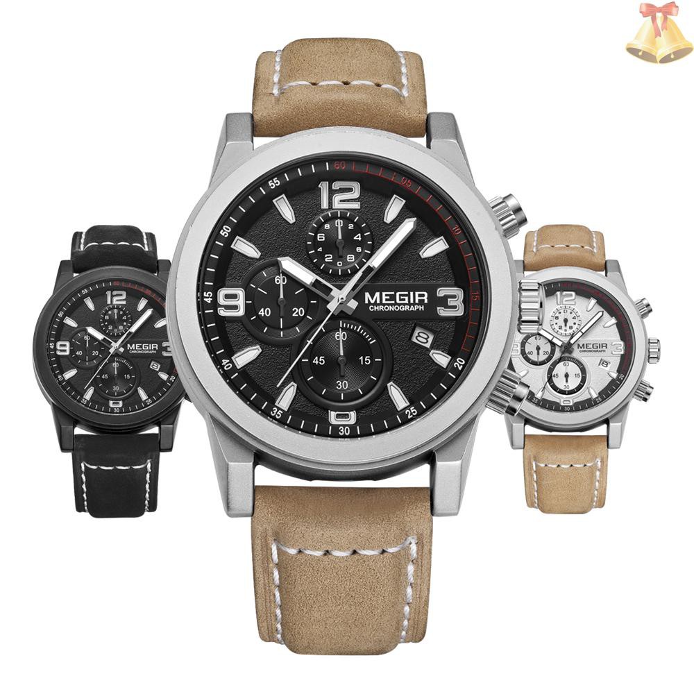 ONE MEGIR Classic Well Made Soft Genuine Leather Analog Quartz Wristwatch 3ATM Water Resistant Man Watch with Sub-dial