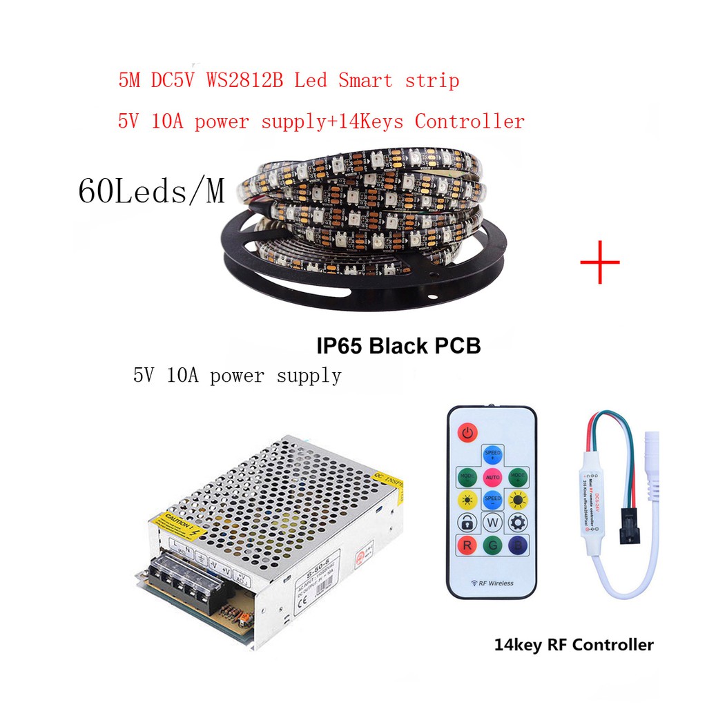 Dây Đèn Led 5m Dc5v Ws2812b 60 Pixels / Leds / M Ws2812 Ic 5050 Rgb + Bộ Điều Khiển Led 5v