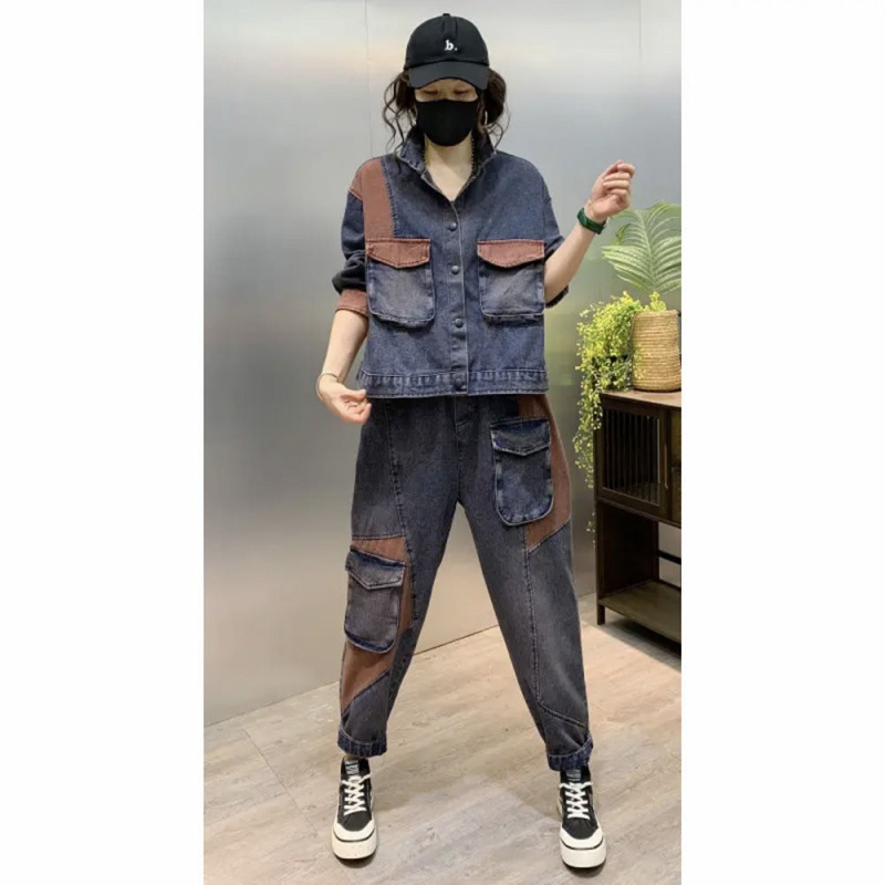 Set Áo Khoác Denim + Quần Dài Phối Túi Lớn Thời Trang Cá Tính Cho Nữ