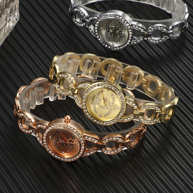 Đồng Hồ Đeo Tay Mặt Tròn Đính Đá Thời Trang Cho Nữ