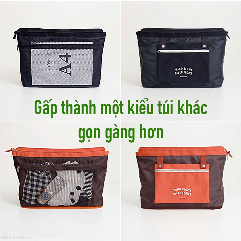 Túi vải canvas loại to gấp gọn nhiều ngăn đựng quần áo giày dép du lịch đi biển đi chơi có quai treo tay nắm vali