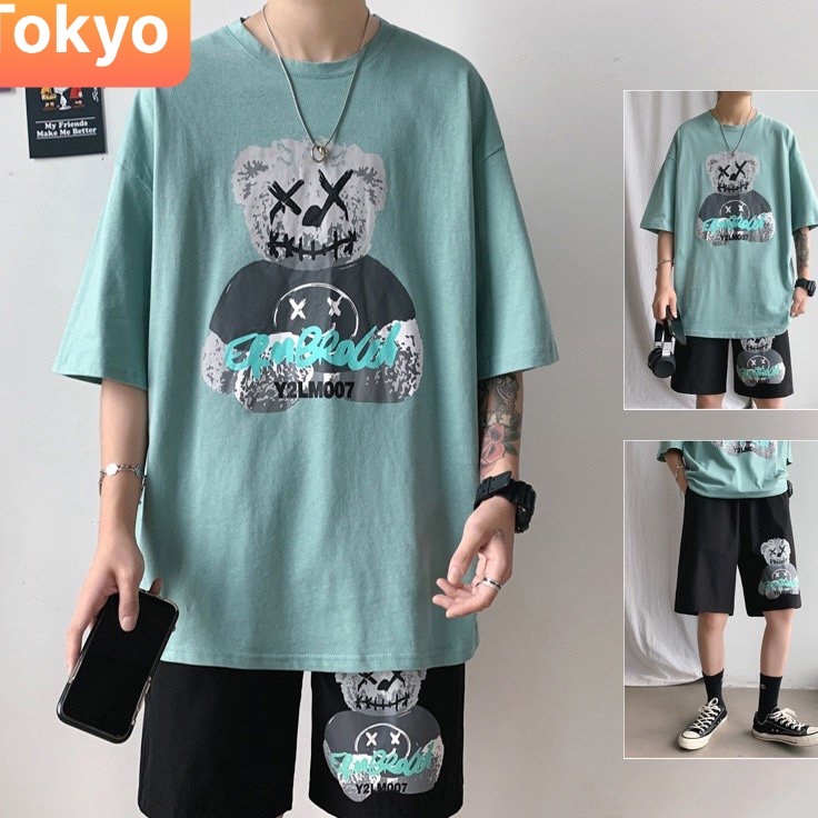 BỘ THỂ THAO NAM NỮ HỌA TIẾT GẤU MA HOẠT HÌNH CUTE, QUẦN ÁO NAM CỘC TAY MẪU MỚI- TOKYO FASHION