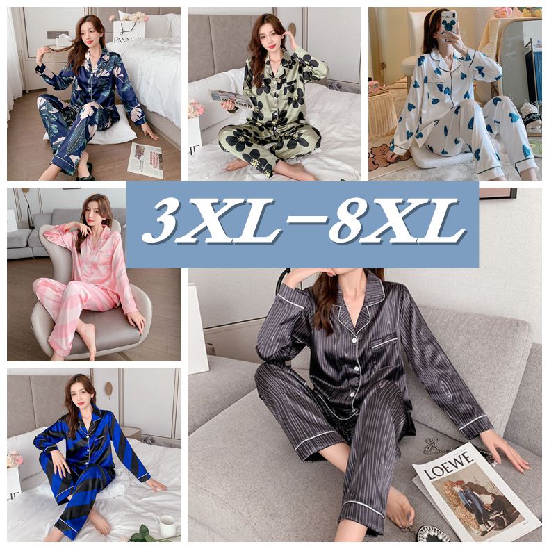 Bộ Đồ Ngủ Lụa Tay Dài Có Size Lớn XXL-7XL Dành Cho Nữ Trọng Lượng 150kg