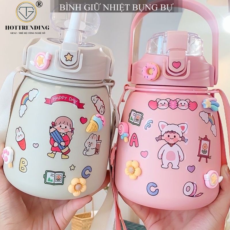 Bình nước giữ nhiệt cute có ống hút 850 ML, inox 304 không rỉ an toàn kèm sticker cute có dây đeo