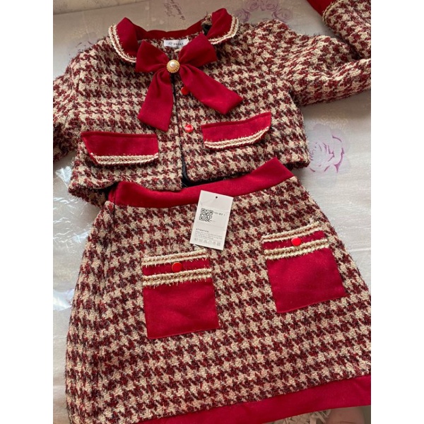 Set Dạ Tweed Kẻ Đỏ Hàng Quảng Châu Cao Cấp Dày Dặn May Sợi Kim Tuyến Lấp Lánh Kèm Nơ