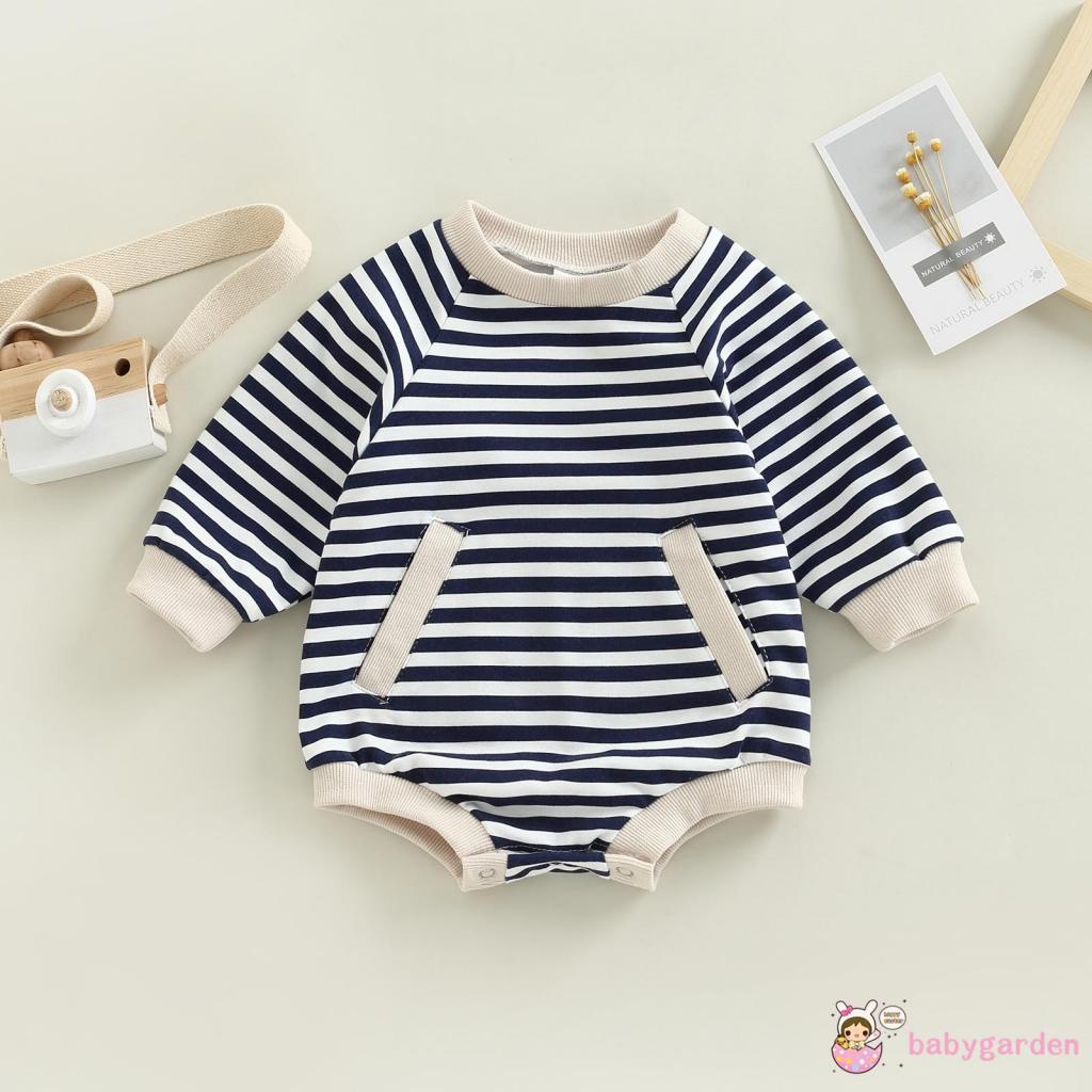 Bộ Áo Liền Quần Dài Tay Cổ Tròn Kẻ Sọc Phối Túi Thời Trang Mùa Xuân Cho Bé Trai 3-24 Tháng Tuổi