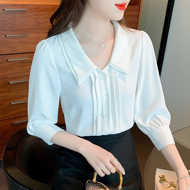 Áo Sơ Mi Chiffon Tay Lửng Cổ Búp Bê Xếp Ly Hai Lớp Màu Trắng Thời Trang Mùa Hè Dành Cho Nữ