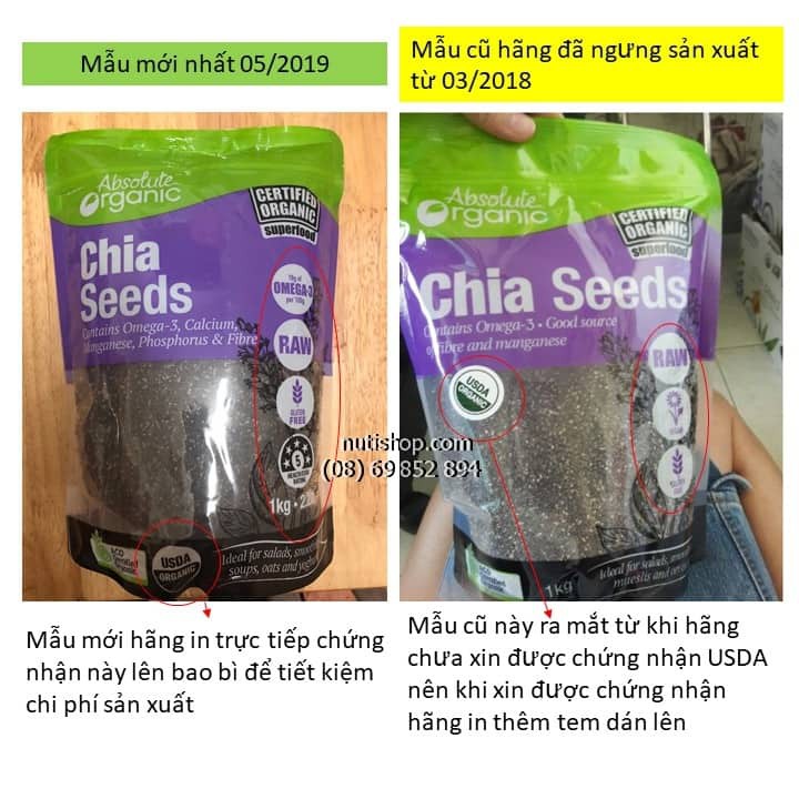 Hạt Chia Absolute organic Úc gói 1KG ( hàng nhập khẩu chính ngạch có hóa đơn đỏ)