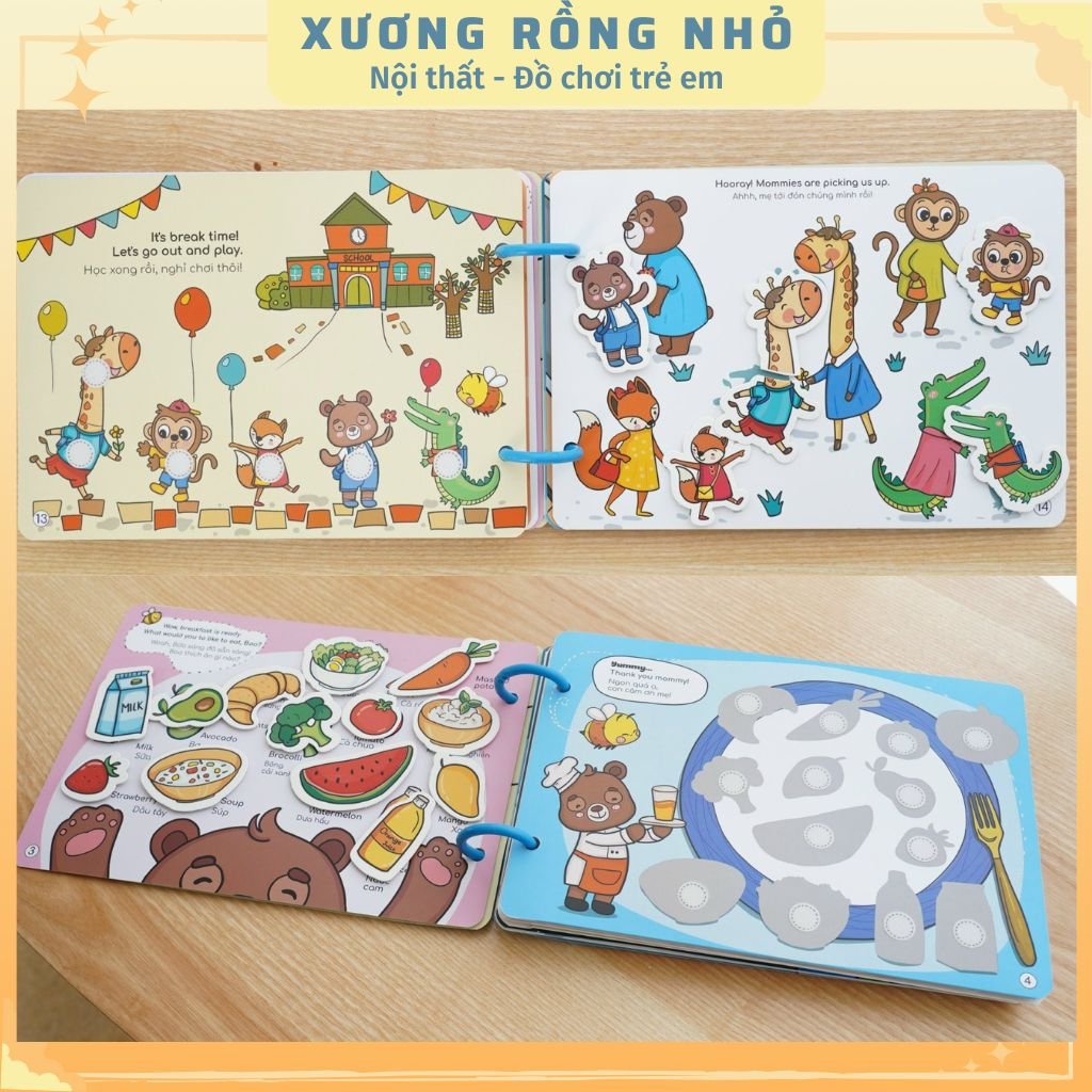 Học liệu bóc dán BEEZI BOOK dành cho bé từ 2-5 tuổi, Học liệu Montessori song ngữ Anh Việt, Busy Book song ngữ