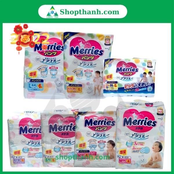 Bỉm Merries Nội Địa Thêm Miếng Dán/Quần Đủ Size NB90+6, S82+6, M64+4, L54+4, M58+6, L44+6, XL38+6, XXL26+2