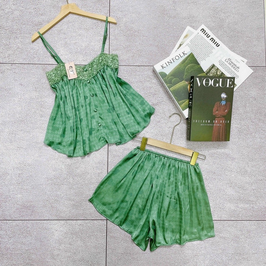 Set ngủ hai dây, set ngủ sexy nút bọc phối ren ngang ngực