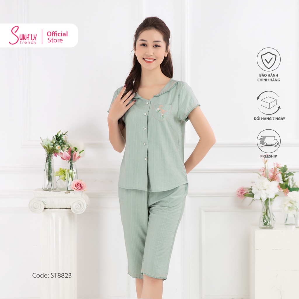 Bộ đồ mặc nhà nữ pijamas linen SUNFLY áo cộc, quần ngố ST8823