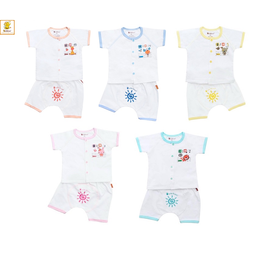 Bộ quần áo Babiboo nút giữa cotton 4 chiều viền màu tay ngắn BKT002
