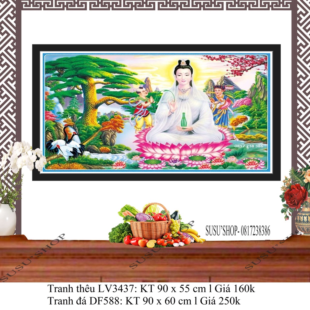 Tranh đính đá cao cấp ABC (giá sỉ) PHẬT QUAN ÂM DF588( 90x60cm), DF003 (53x75), DF2338 (65x96), DF2737 (53x75cm),DF2837