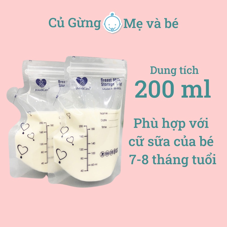 Túi trữ sữa IMEDICARE iMB-200, Túi trữ sữa mẹ, hộp 30 túi dung tích 200 ml