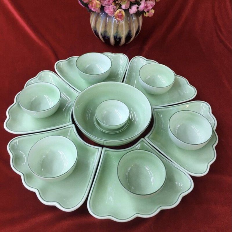 Bộ bát đĩa decor Hoa mặt trời men ngọc- Hàng sứ Bát Tràng