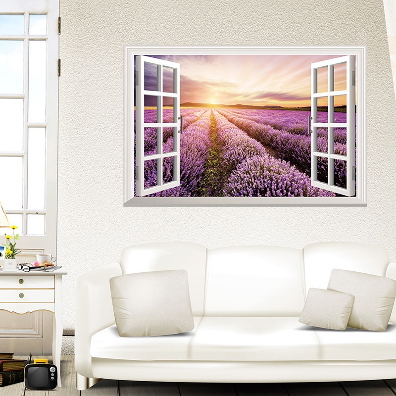 Decal 3D dán trang trí nhà cửa tranh cửa sổ cánh đồng hoa oải hương tím 2 - decal cao cấp có sẵn giao ngay AMYSHOP