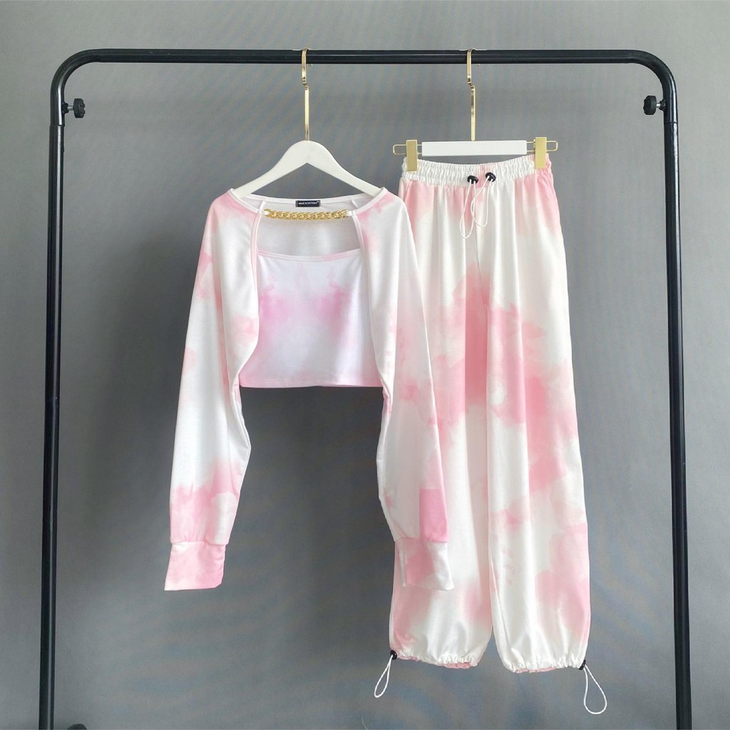 [FULL SET] Set 3 món croptop tay dài đính khoen + croptop 2 dây + quần jogger loang màu tiedye cryaotic10