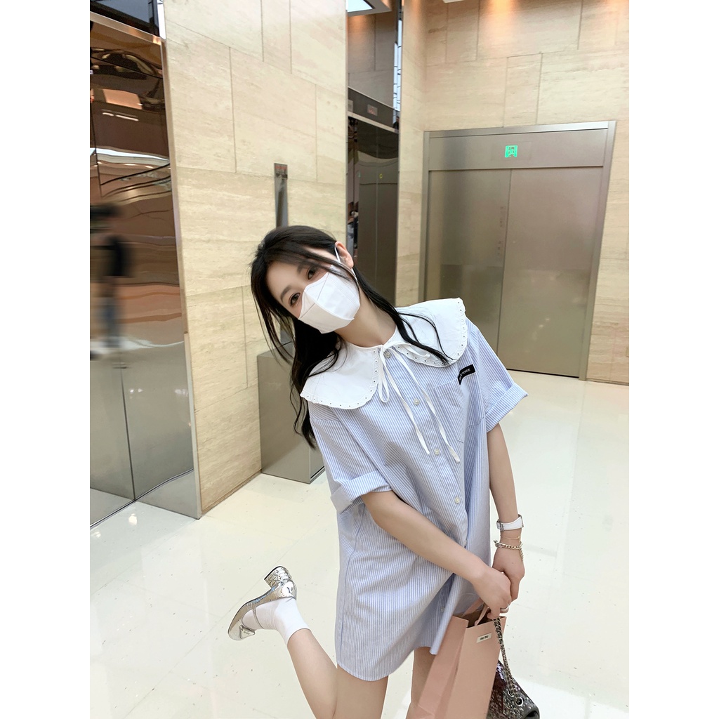 Đầm Sơ Mi Cổ Búp Bê Họa Tiết Kẻ Sọc Thiết Kế Mới Thời Trang Mùa Hè Dành Cho Nữ