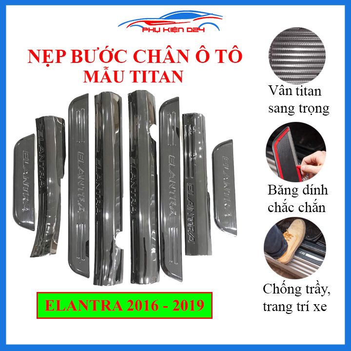 Bộ ốp bậc cửa trong ngoài nẹp bước chân Elantra 2016-2017-2018-2019 vân Titan chống trầy trang trí xe