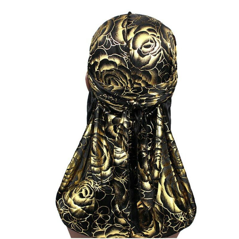 Gold Flower Rose Design Silk Durag Cap Doo rag Scarf Dew rag Wrap Up Luxury