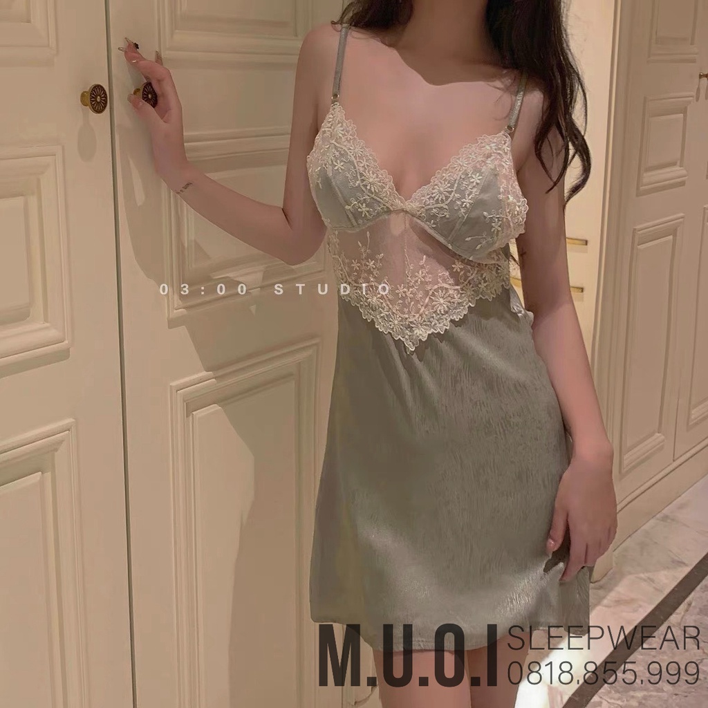 [FREESHIP] Váy ngủ sexy QCCC-Sx 90 Váy ngủ lụa xước Tô Châu phối ren hoa khoe lưng QCCC Muối Sleepwear-sẵn