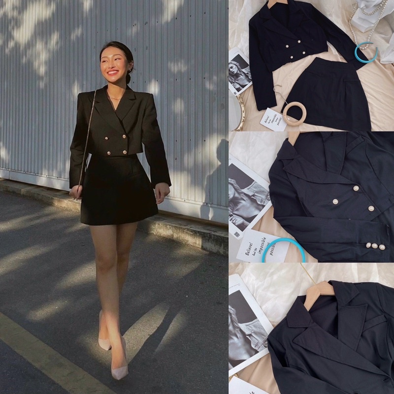 Set áo crop vest đen phối nút + chân váy thời trang hàn quốc ulzzang