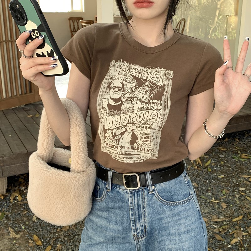 Áo Thun Tay Ngắn Cổ Tròn In Họa Tiết Phong Cách Vintage Mỹ Thời Trang Cho Nữ