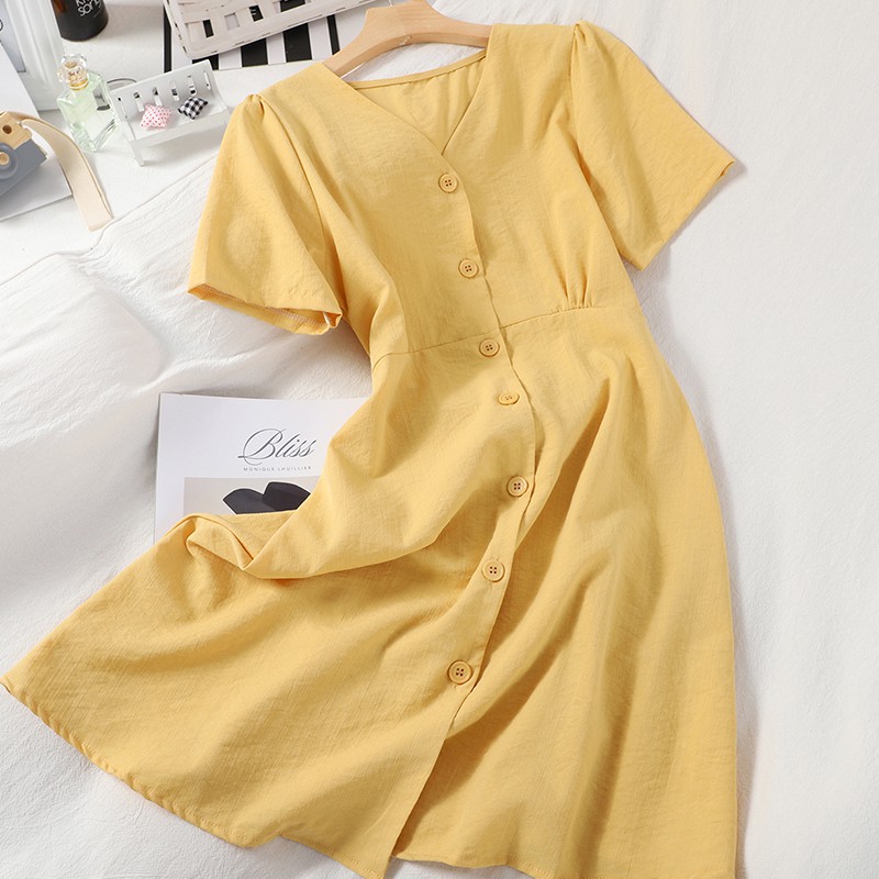 Váy Nữ Cộc Tay Cổ V Thắt Nơ Eo Chất Cotton Trơn Nhiều Màu Hàng Quảng Châu Loại 1 D03