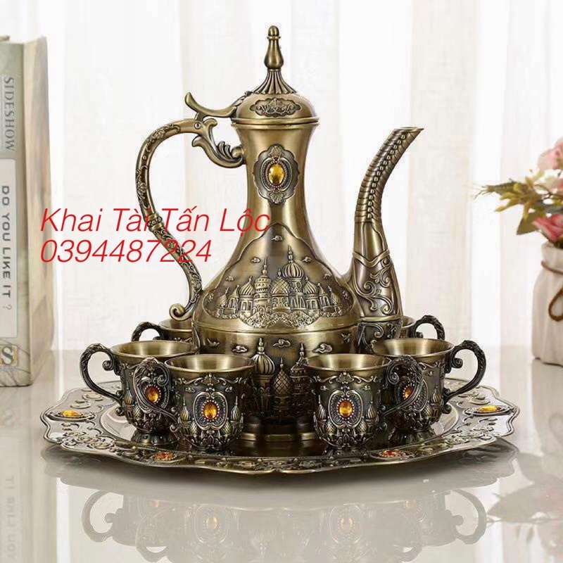 Bộ bình ly rượu đồng kiểu cổ phong cách Ba Tư 8 món
