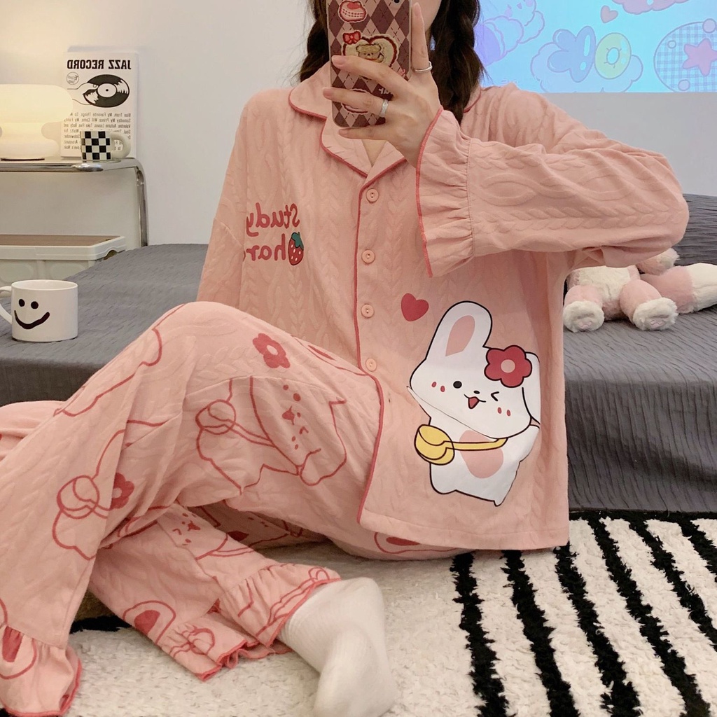Bộ Đồ Ngủ Tay Dài Chất Cotton In Họa Tiết Dâu Tây / Gấu Dễ Thương Thời Trang Xuân Thu Cho Nữ