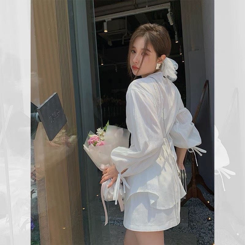 SET VÁY THÔ ĐŨI 3 MÓN yena.closet - Set đũi xước trắng sơ mi thắt eo kèm áo quây mix chân váy chữ A ulzzang