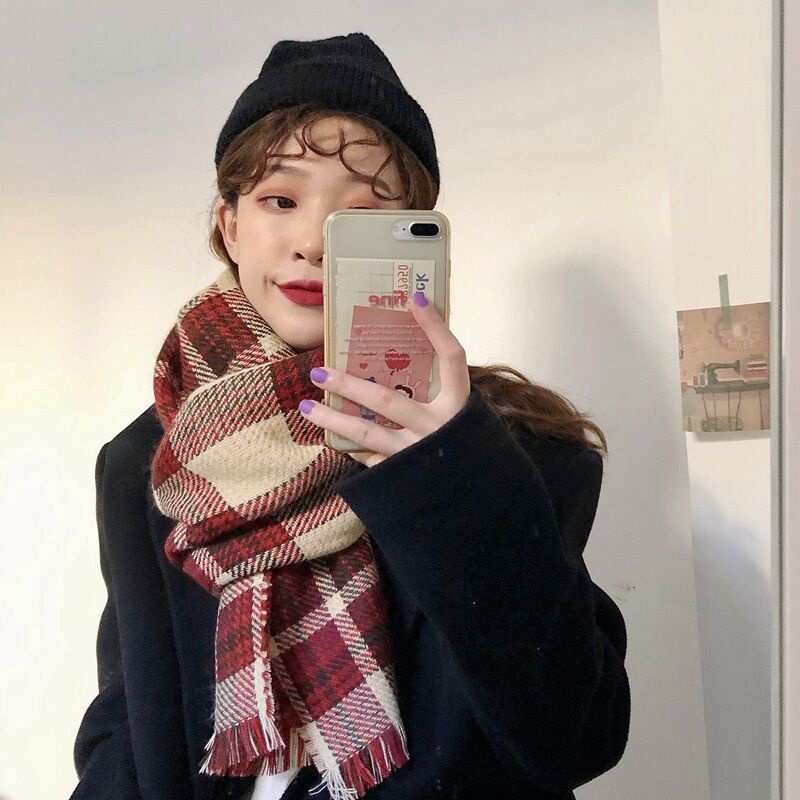 Khăn quàng cổ nữ kẻ dạ, khăn choàng 2 mặt phong cách vintage Loli Girl - LL16