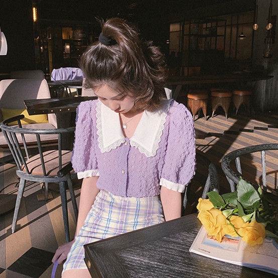 COZOK Áo sơ mi chiffon cổ búp bê tay phồng form rộng phong cách retro