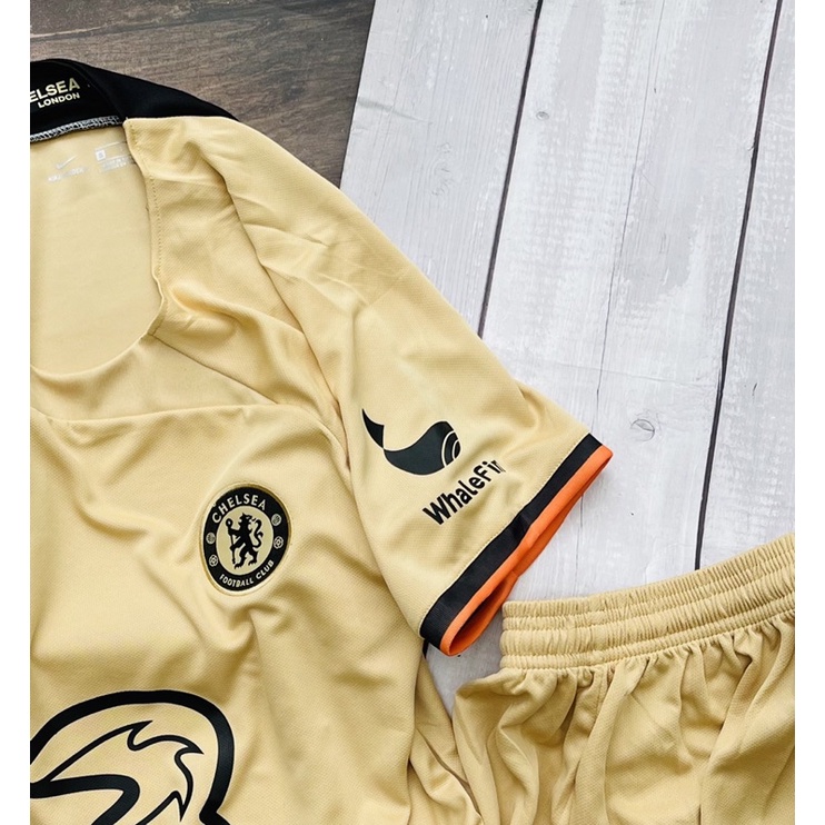 Set bộ quần áo thể thao bóng đá chelsea sân khách màu vàng đồng vải gai mịn 2022 2023