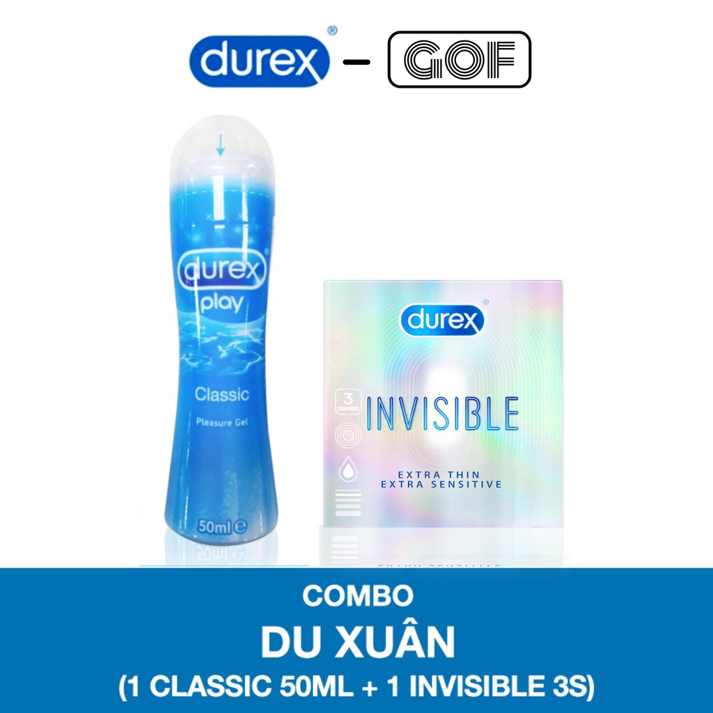 Combo Du Xuân Bao cao su DUREX INVISIBLE siêu mỏng 3s và Gel bôi trơn DUREX PLAY 50ml