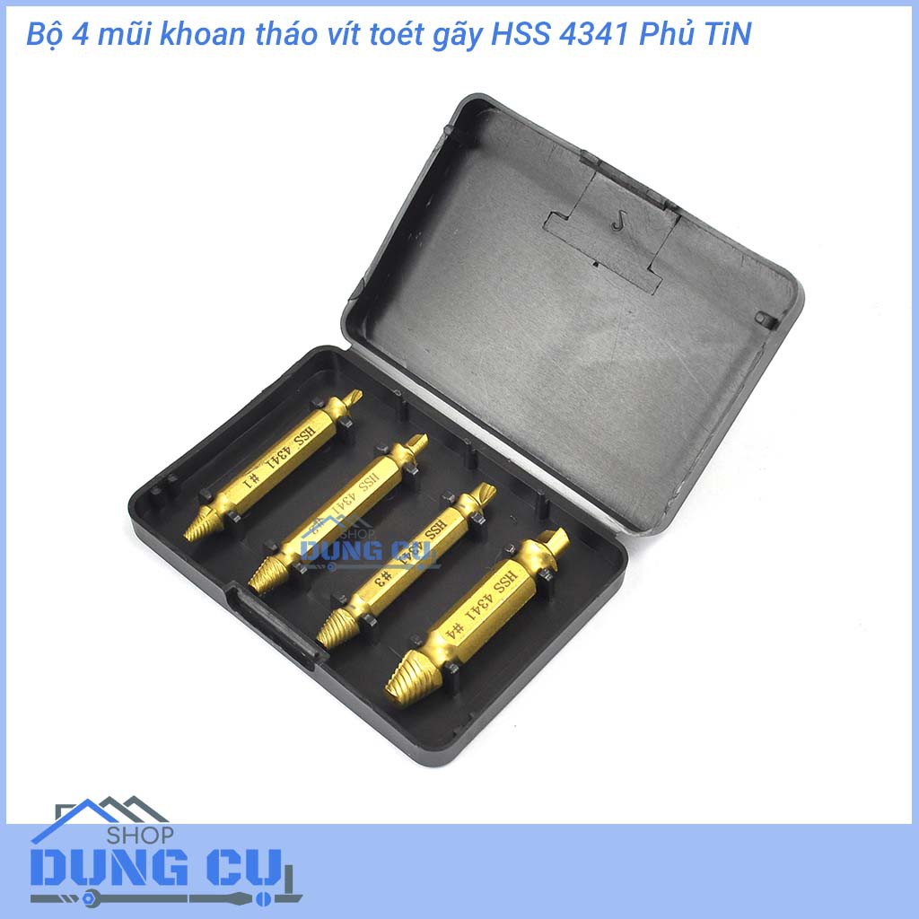 Bộ 4 mũi tháo bu lông ốc vít gãy toét đầu thép HSS 4341 phủ TiN