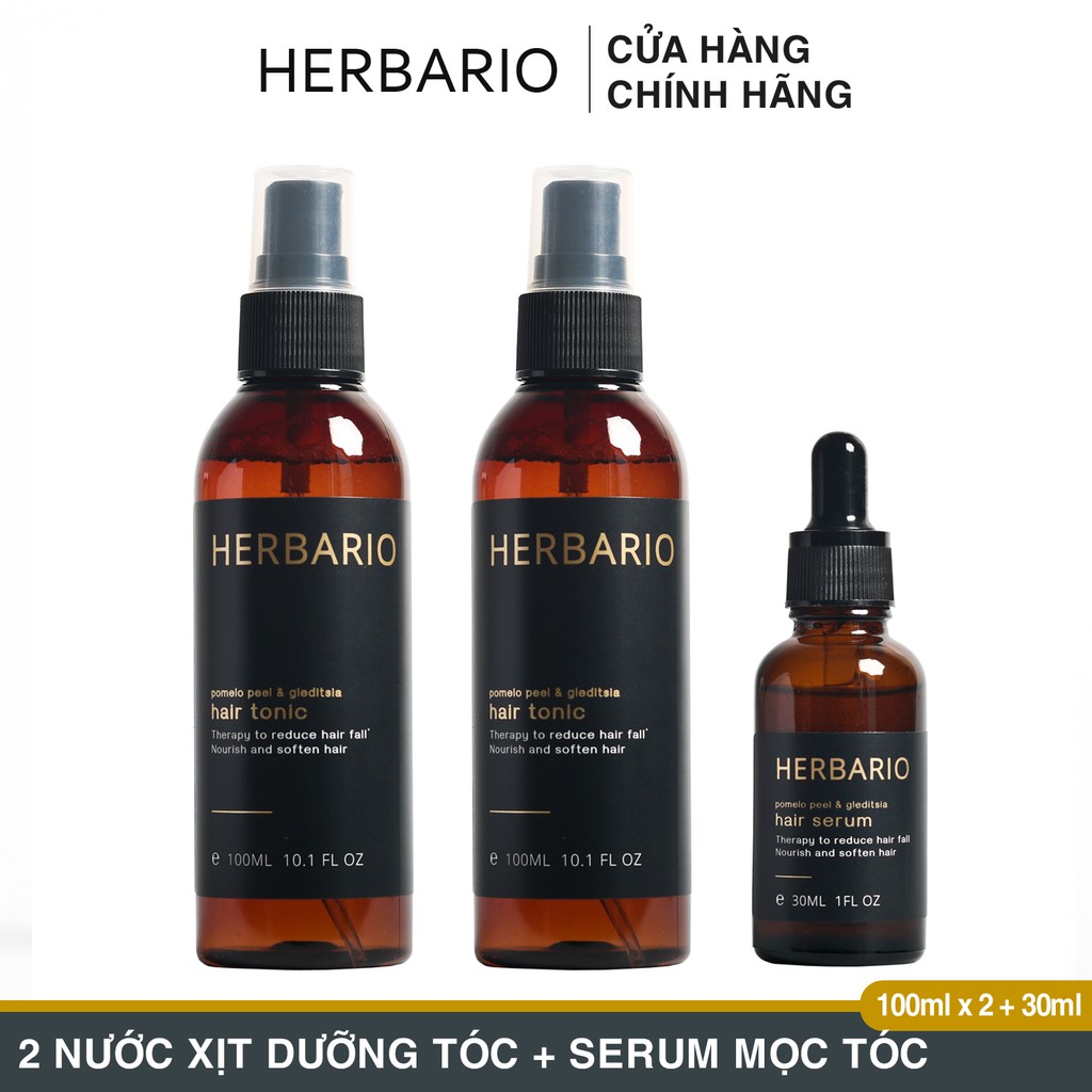 Bộ 2 chai xịt dưỡng tóc Herbario 100ml và 1 serum giúp mọc tóc vỏ bưởi, bồ kết Herbario 30ml