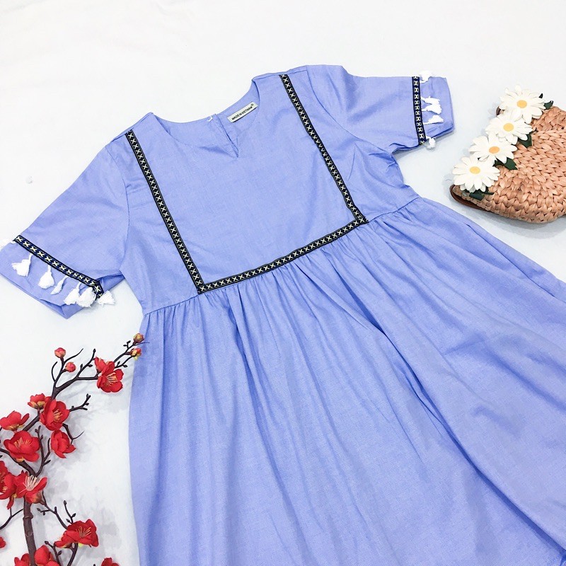 Đầm babydoll xanh viền thổ cẩm tay ngắn