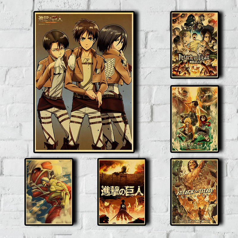 Áp Phích In Hình Anime Attack on Titan Bằng Giấy Kraft Trong Suốt Cổ Điển Trang Trí Nhà / Quán Bar / Phòng Khách (the Extra Is Random)