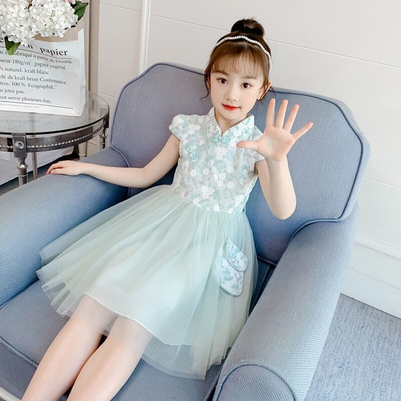 Đầm Sườn Xám Công Chúa Phối Lưới Thời Trang Mùa Hè Cho Bé Gái