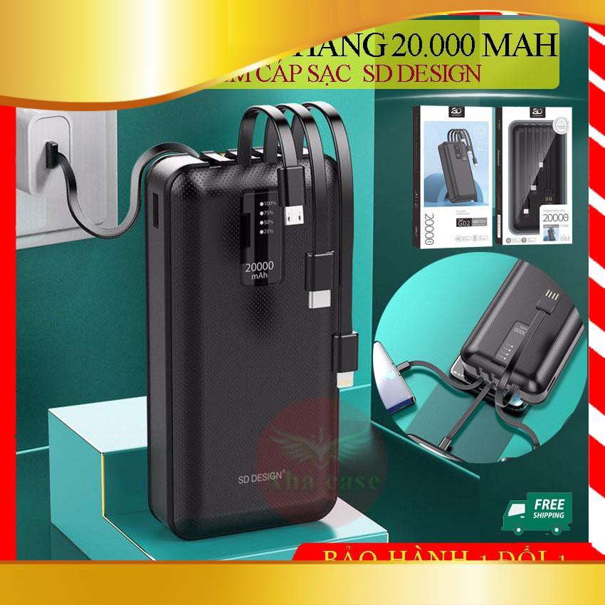Pin Sạc dự phòng G02 chính hãng 20,000mAh SD Design kèm 3 dây sạc, cáp sạt cổng USB, bảo hàn