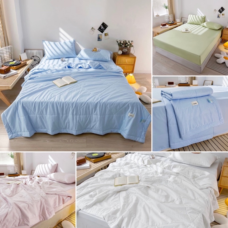 Bộ ga gối chăn trần đũi nhún mềm mại thoáng mát,sét 4 món chăn trần hè đũi nhập khẩu mềm mịn