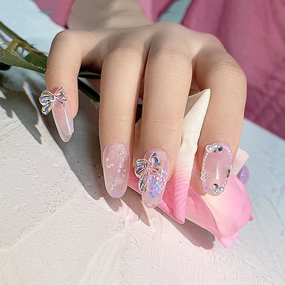 [Hàng mới về] Bộ 8 phụ kiện trang trí móng tay trong suốt hình hoa nơ bướm 3d 11 kiểu tự chọn
