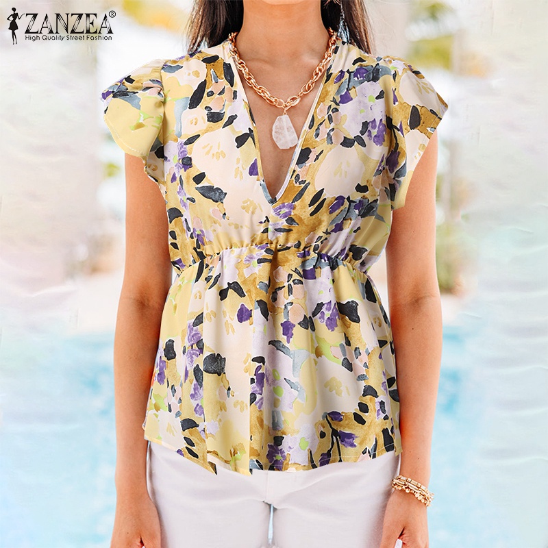 Zanzea Áo Tay Ngắn Cổ Chữ V In Họa Tiết Hoa Thời Trang Dành Cho Nữ