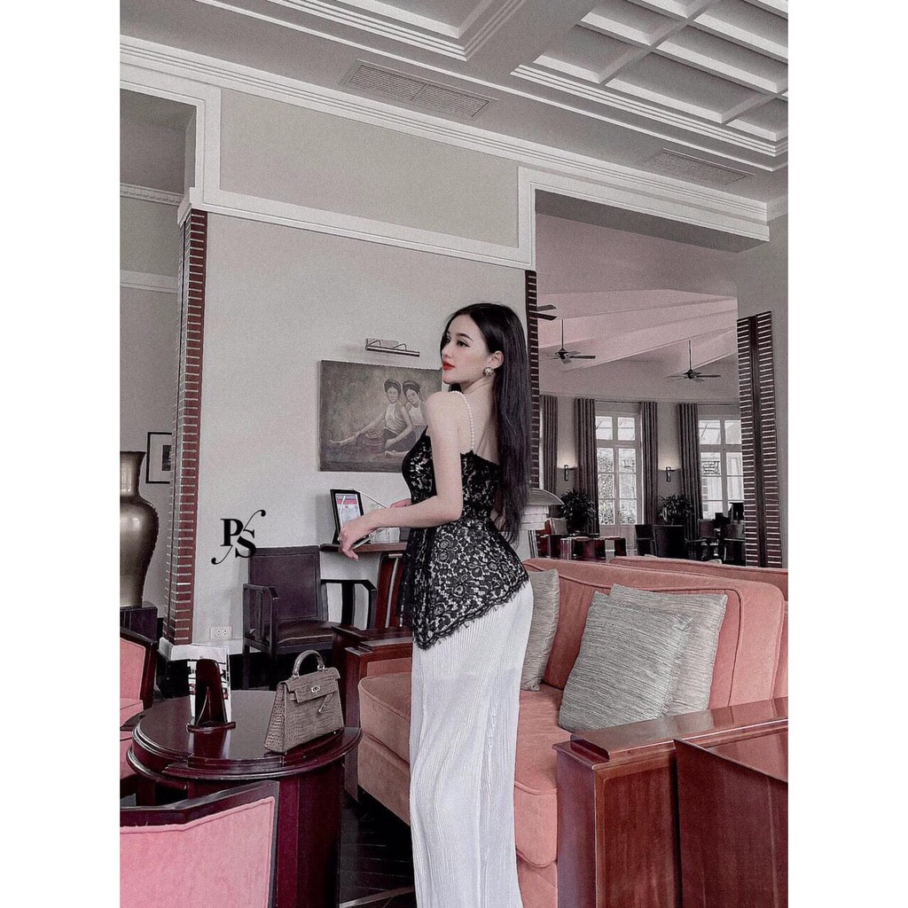 Set áo Dây đen ren quần Trắng suông sexy