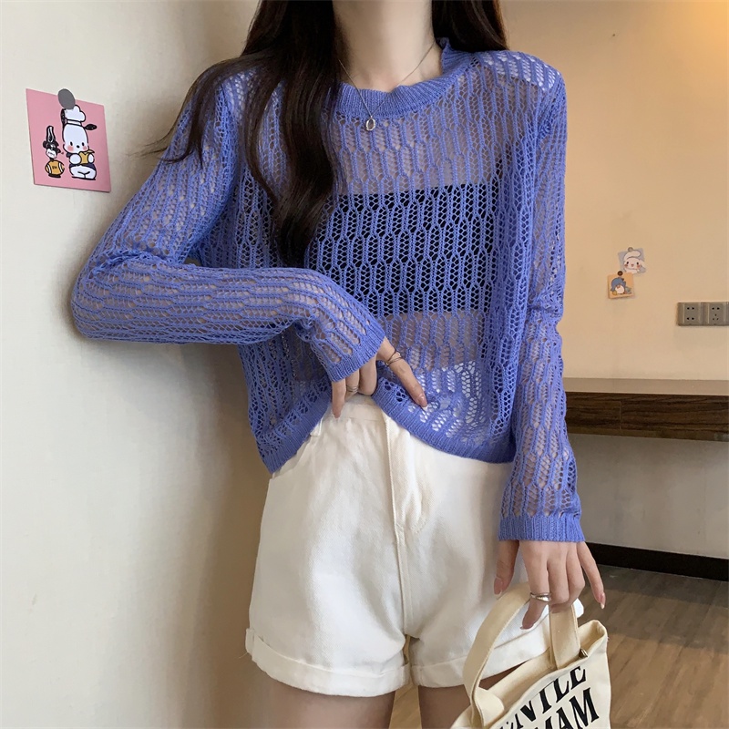 SUXI Áo Dệt Kim Tay Dài Cổ Tròn Hở Vai Màu Sắc Trơn Dành Cho Nữ