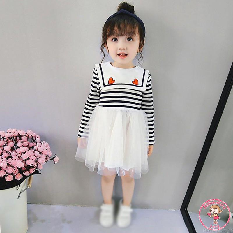 KIDS Đầm xòe tay dài kẻ sọc phối lưới đáng yêu cho bé gái