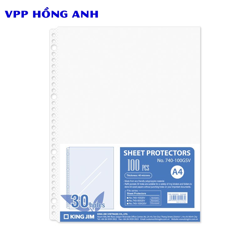 Bìa lỗ A4 30 lỗ King Jim 740-10GSV xấp 10 cái / Sheet Protectors 30 Holes 740-10GSV